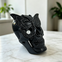 Obsidian Skull with Frosted Butterfly Mask - Natural Obsidian Carving — view 7