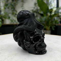 Black Obsidian Skull with Octopus Sculpture-Unique — view 6