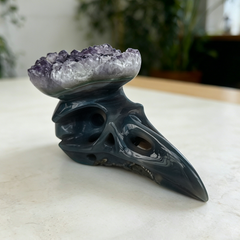 4 inch Amethyst Cluster Crow Skull - Natural Amethyst Crystal Carving — view 6
