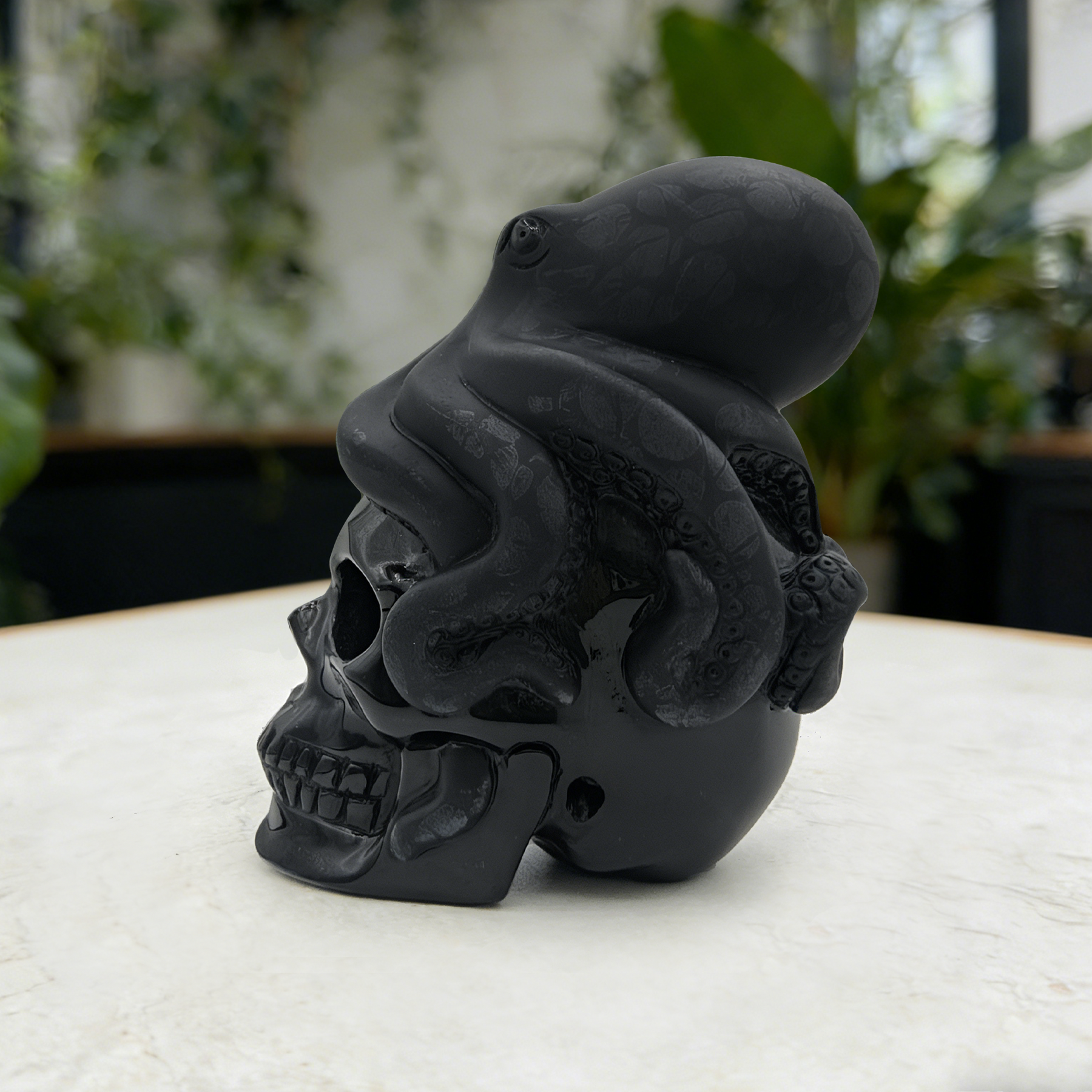 Black Obsidian Skull with Octopus Sculpture-Unique — view 3