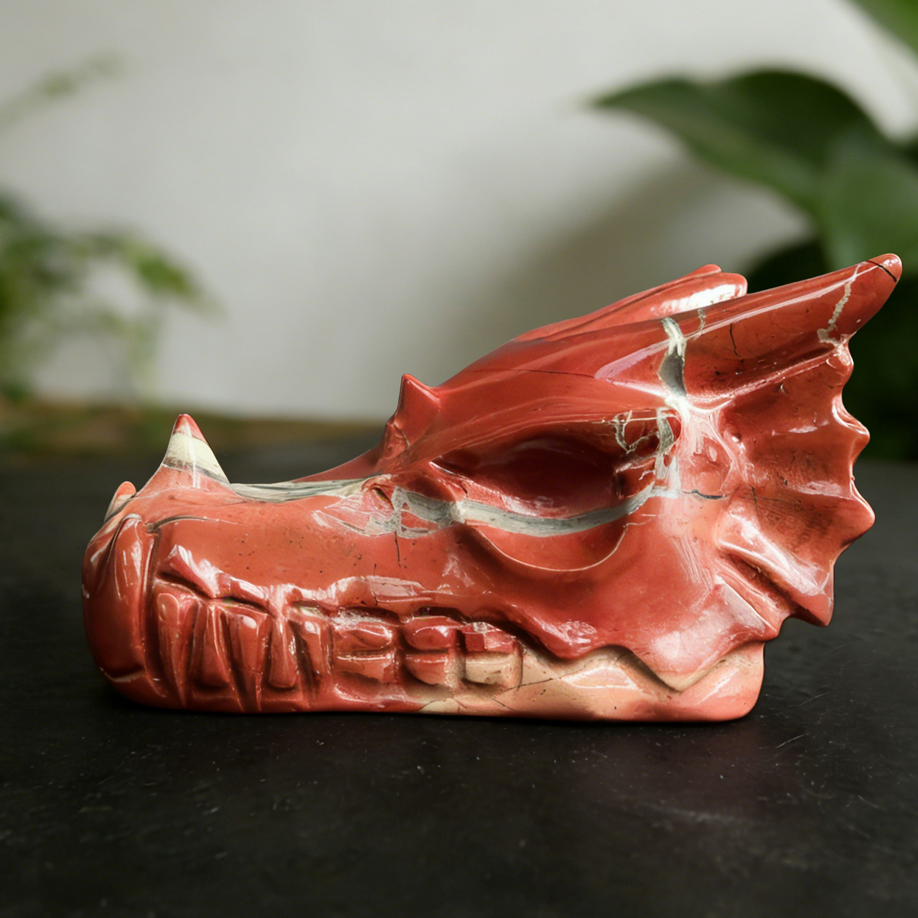 2.5 inch Red Jasper Chinese Dragon Skull Jade Sculpture- Hand Craved Natural Jasper — view 4