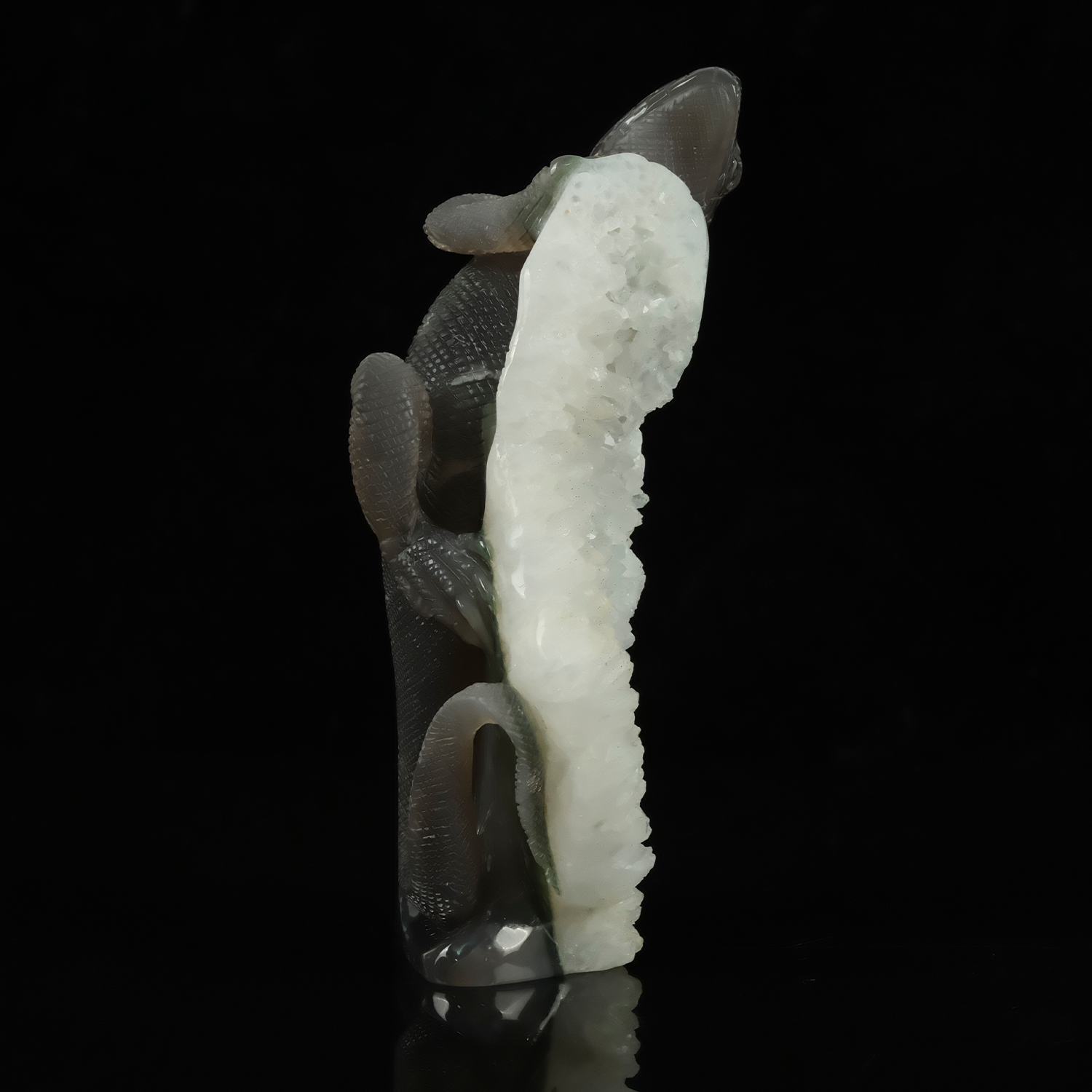 White Quartz Cluster Lizard Carving — view 4