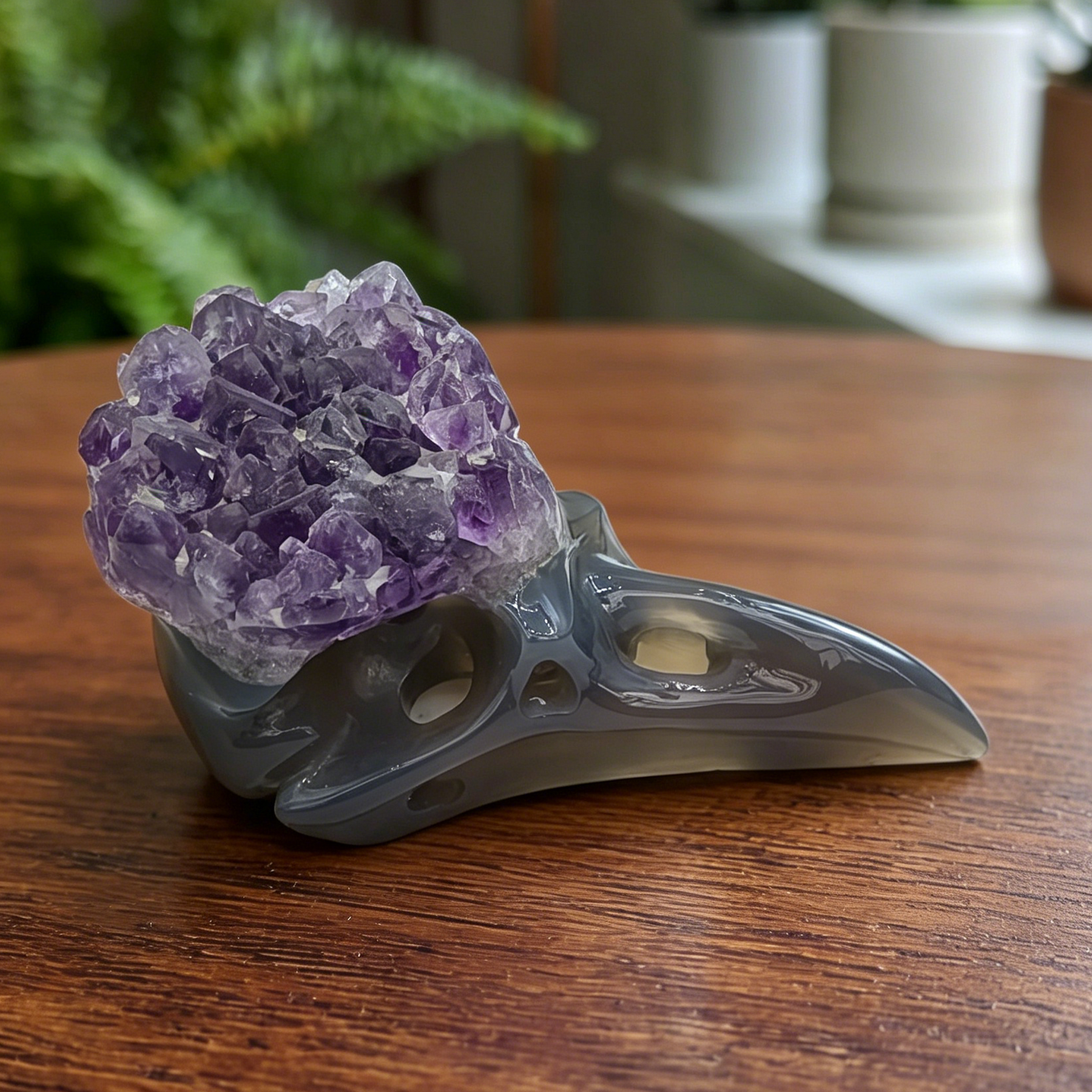 3.5 inch Amethyst Cluster Crow Skull - Natural Amethyst Crystal Carving — view 4