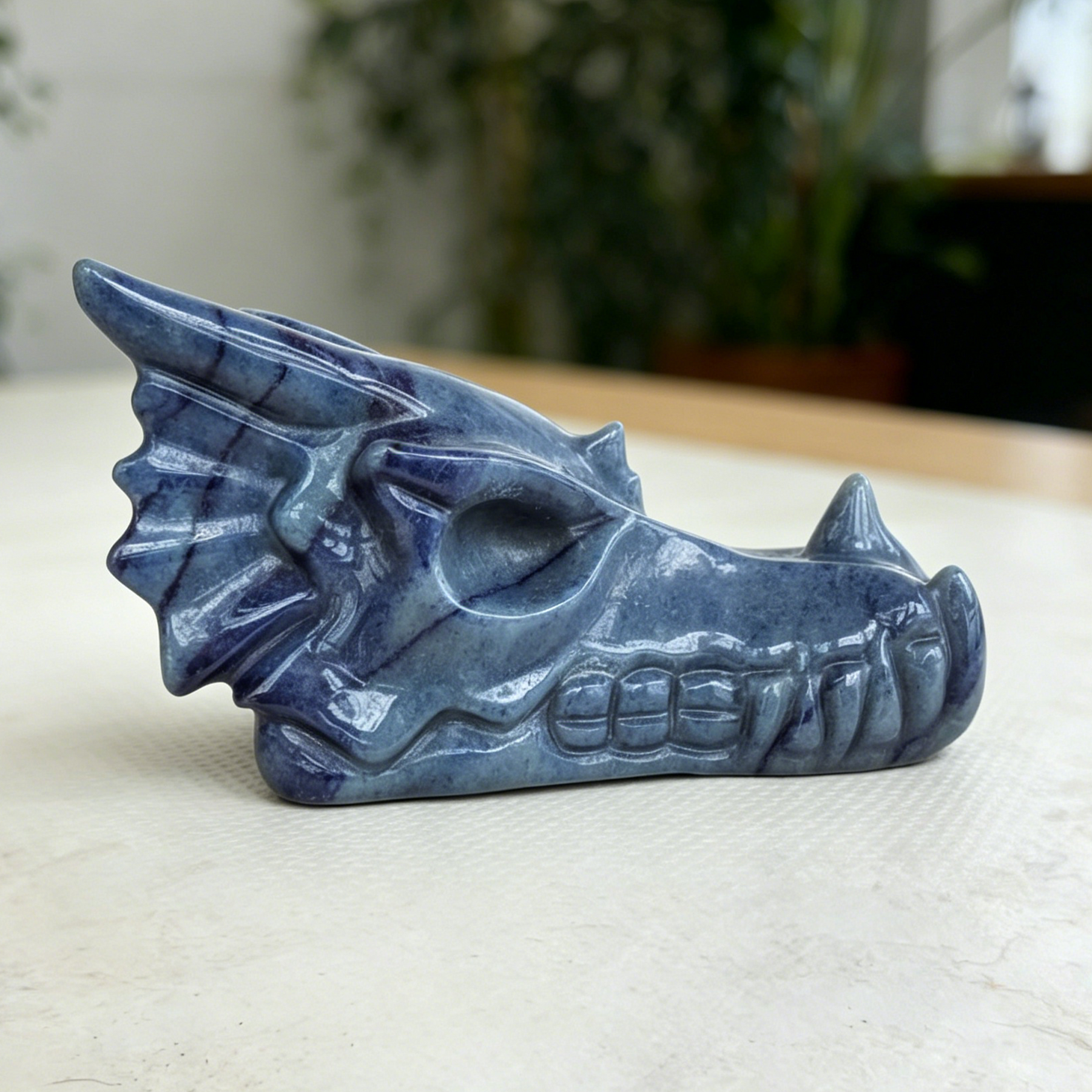4.2 inch Blue Aventurine Chinese Dragon Skull - Natural Aventurine Carving — view 6