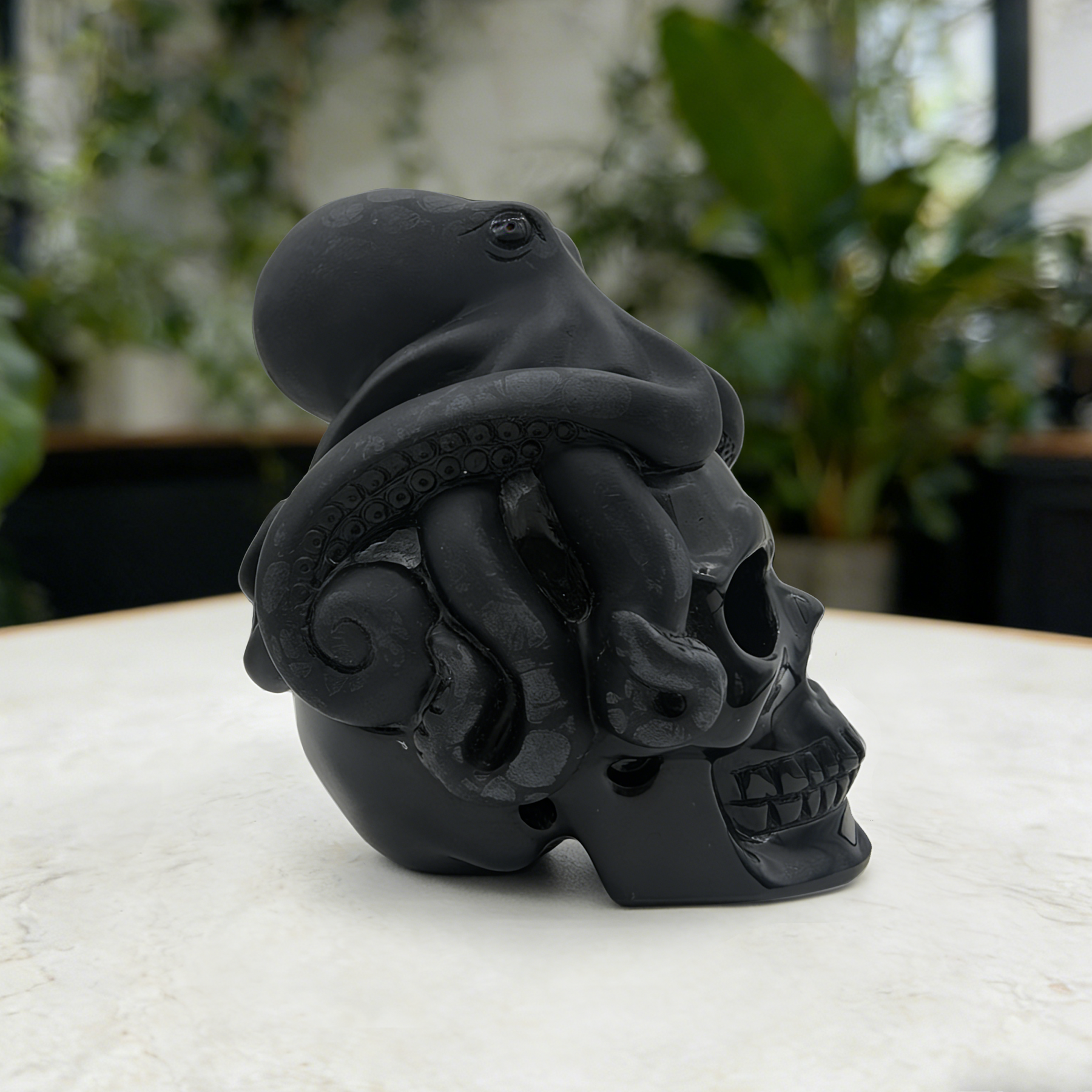Black Obsidian Skull with Octopus Sculpture-Unique — view 5