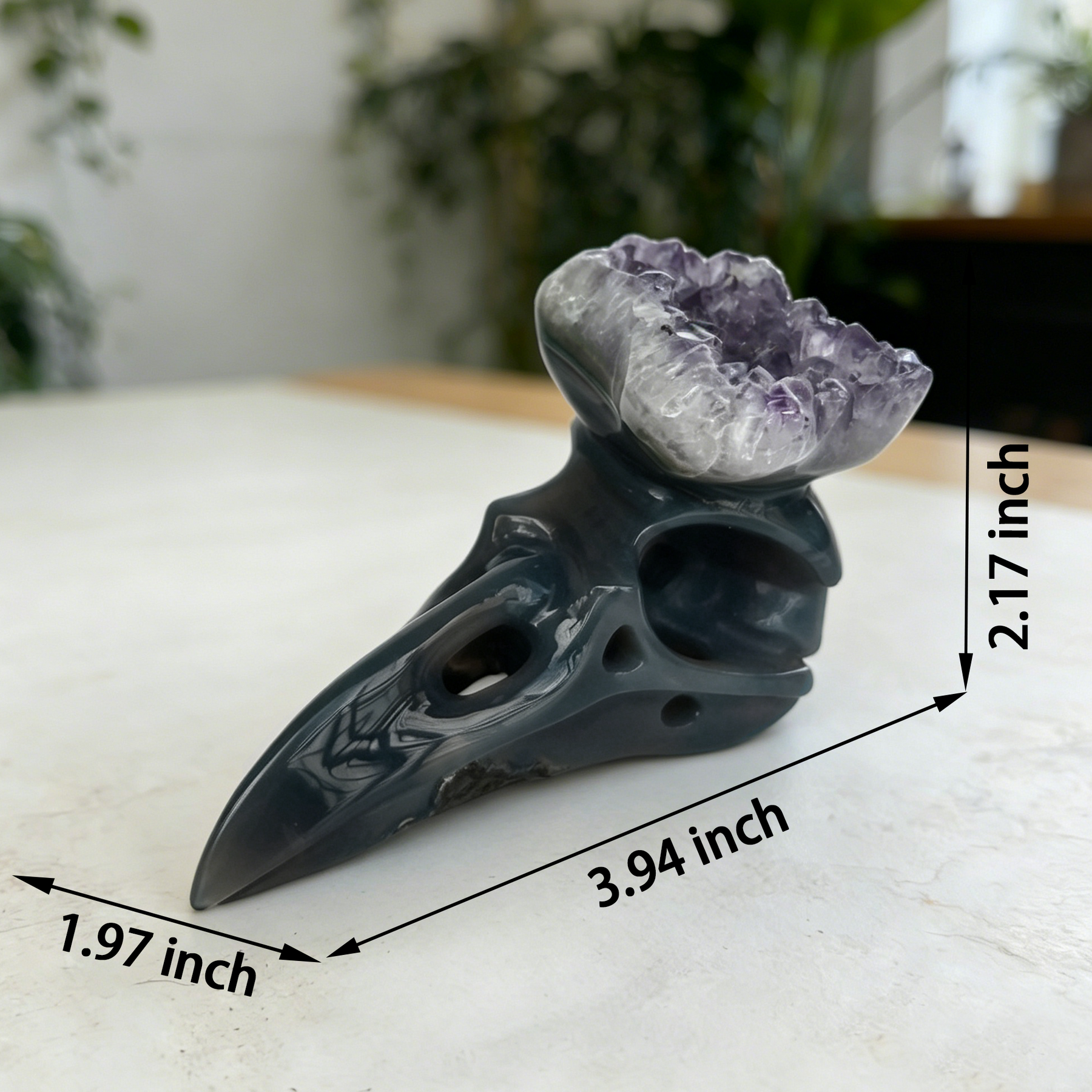 4 inch Amethyst Cluster Crow Skull - Natural Amethyst Crystal Carving — view 2