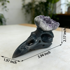 4 inch Amethyst Cluster Crow Skull - Natural Amethyst Crystal Carving — view 2