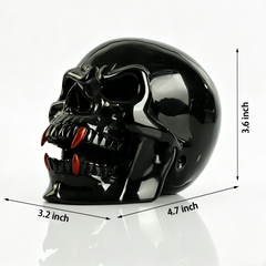 Black Obsidian Skull Inlaid Red Jasper Fangs - Sculpture Carving — view 2