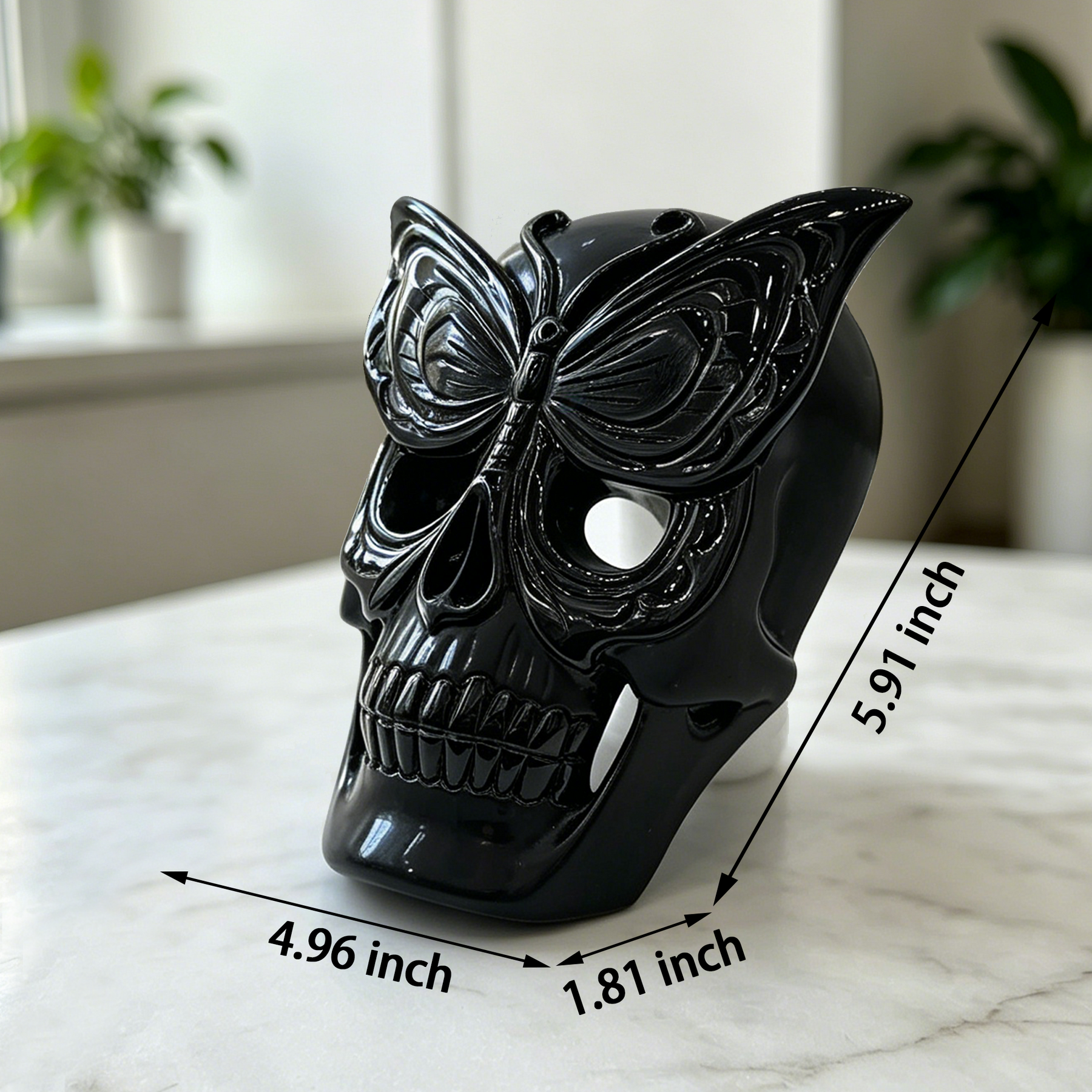 Obsidian Skull with Frosted Butterfly Mask - Natural Obsidian Carving — view 2