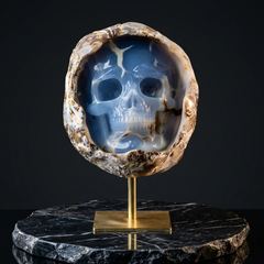 Blue Chalcedony Cave Carving Skull in Raw Crust — view 1
