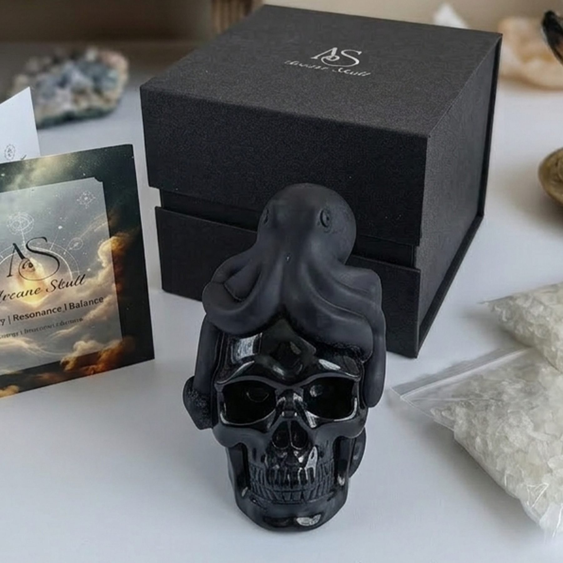 Black Obsidian Skull with Octopus Sculpture-Unique — view 8