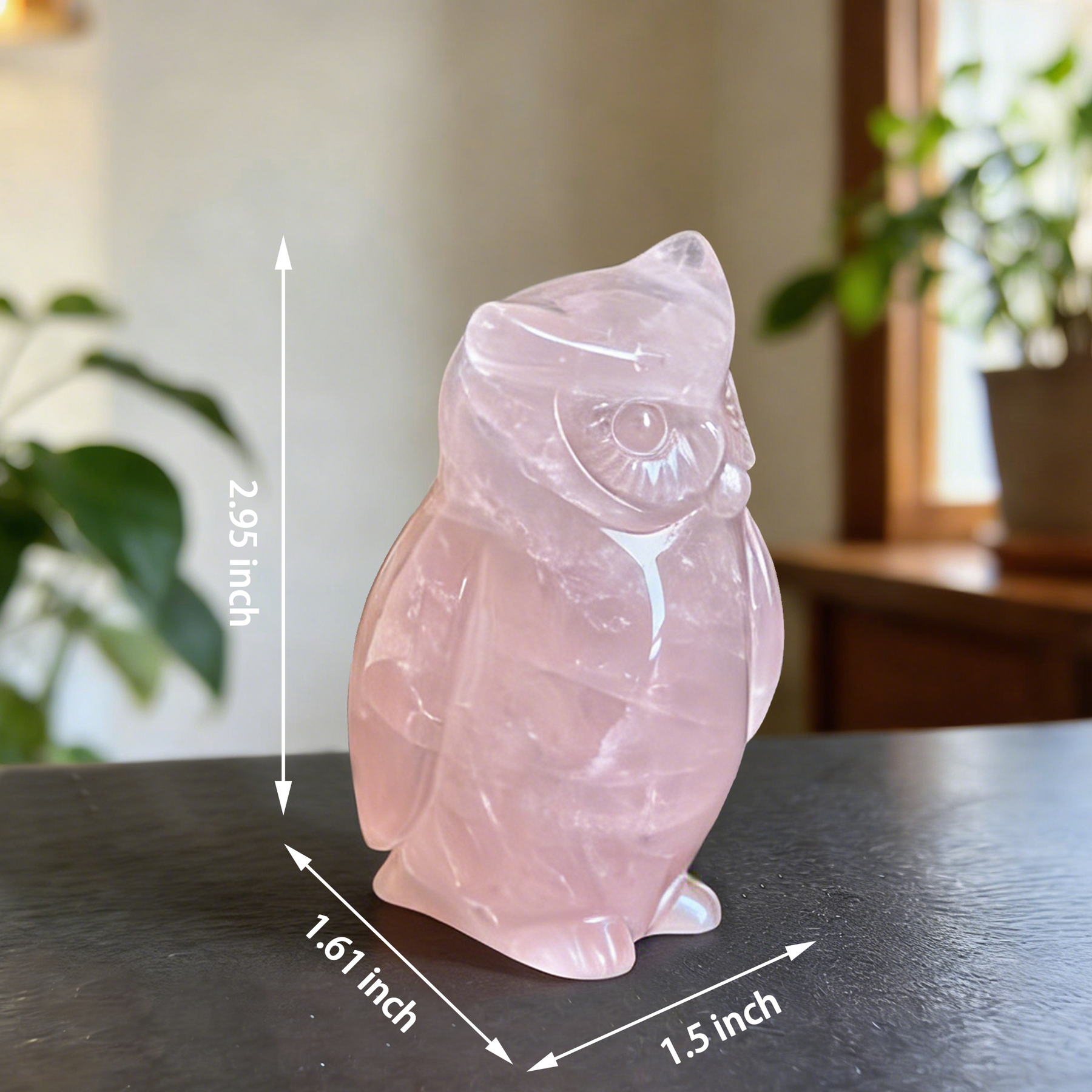 Rose Quartz Owl Carving — view 2