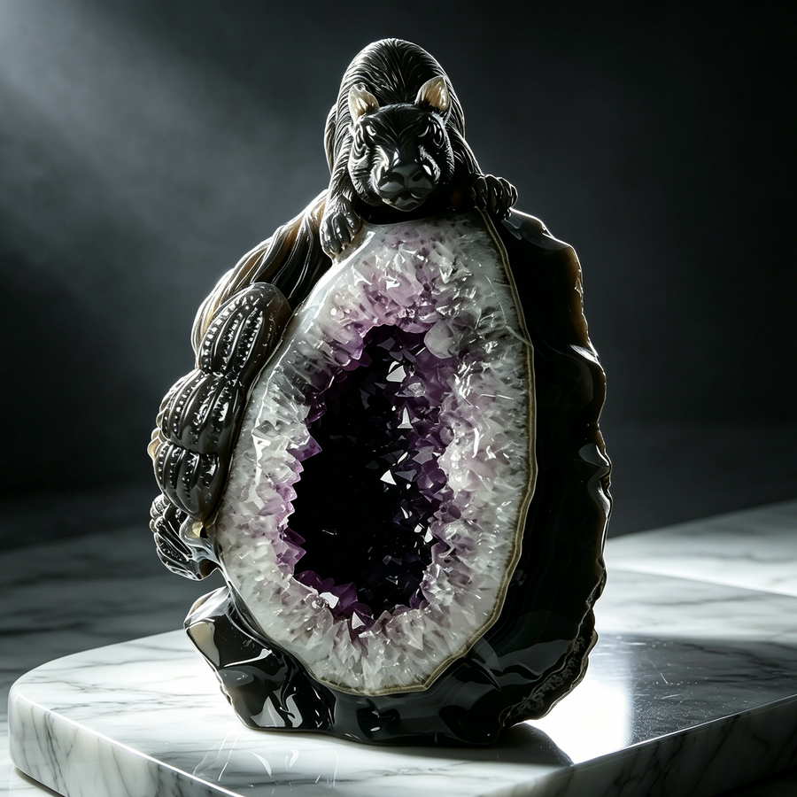 Amethyst Geode Cluster Squirrel Carving — view 1