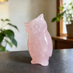 Rose Quartz Owl Carving — view 3