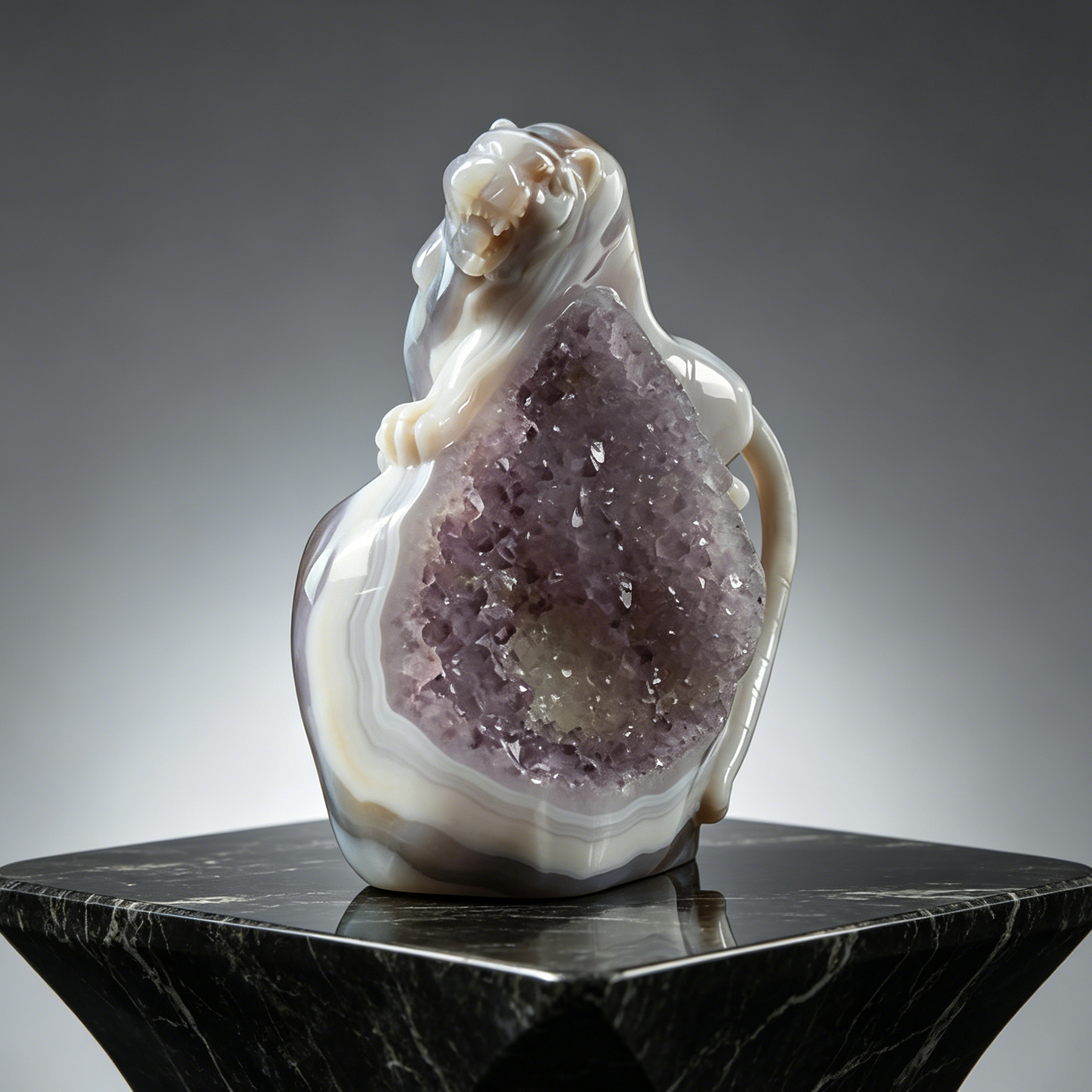 Pale Amethyst Cluster Tiger Carving - Sculpture — view 1