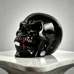 Black Obsidian Skull Inlaid Red Jasper Fangs - Sculpture Carving — view 1