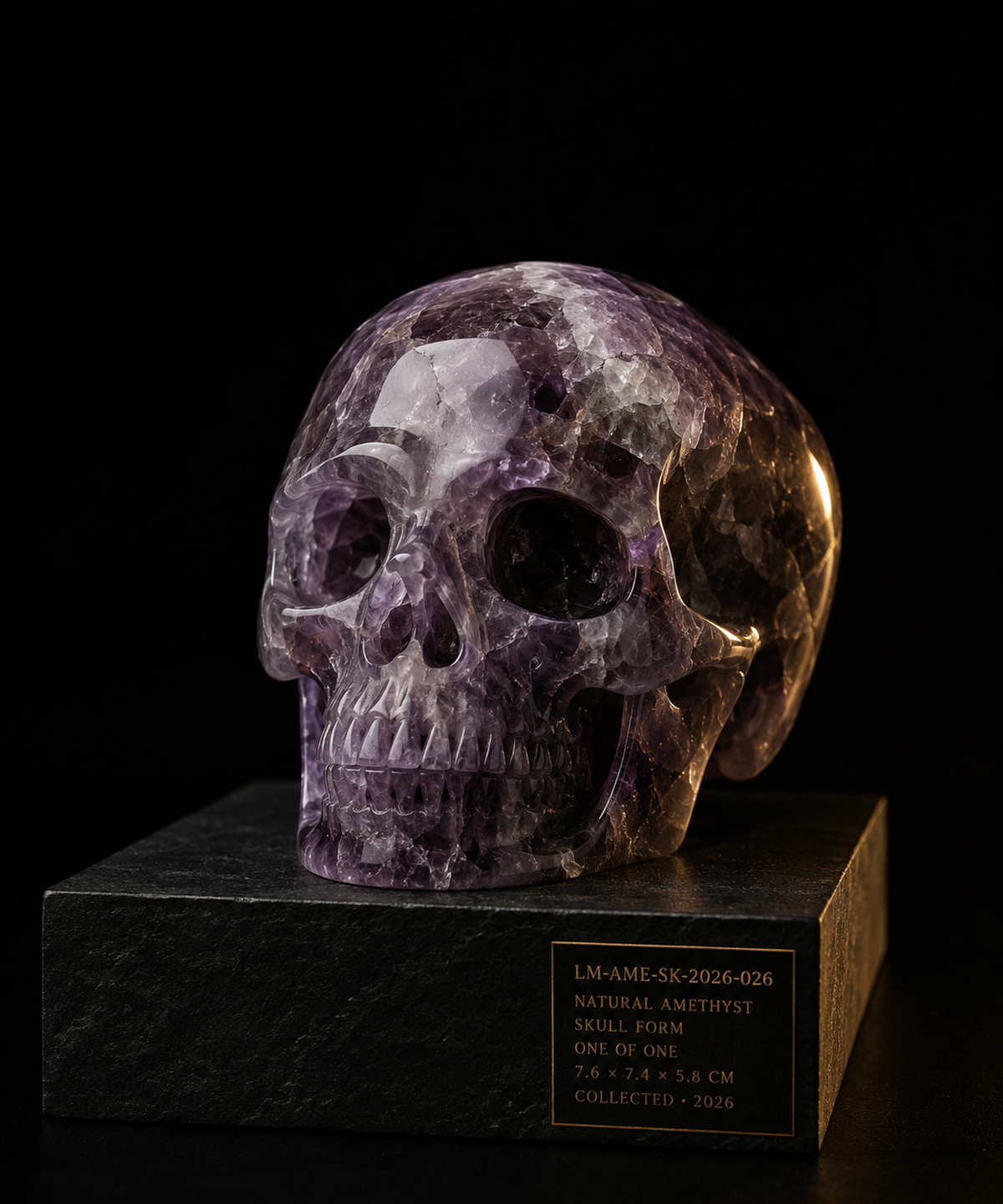 Natural amethyst skull photographed as a museum archive record